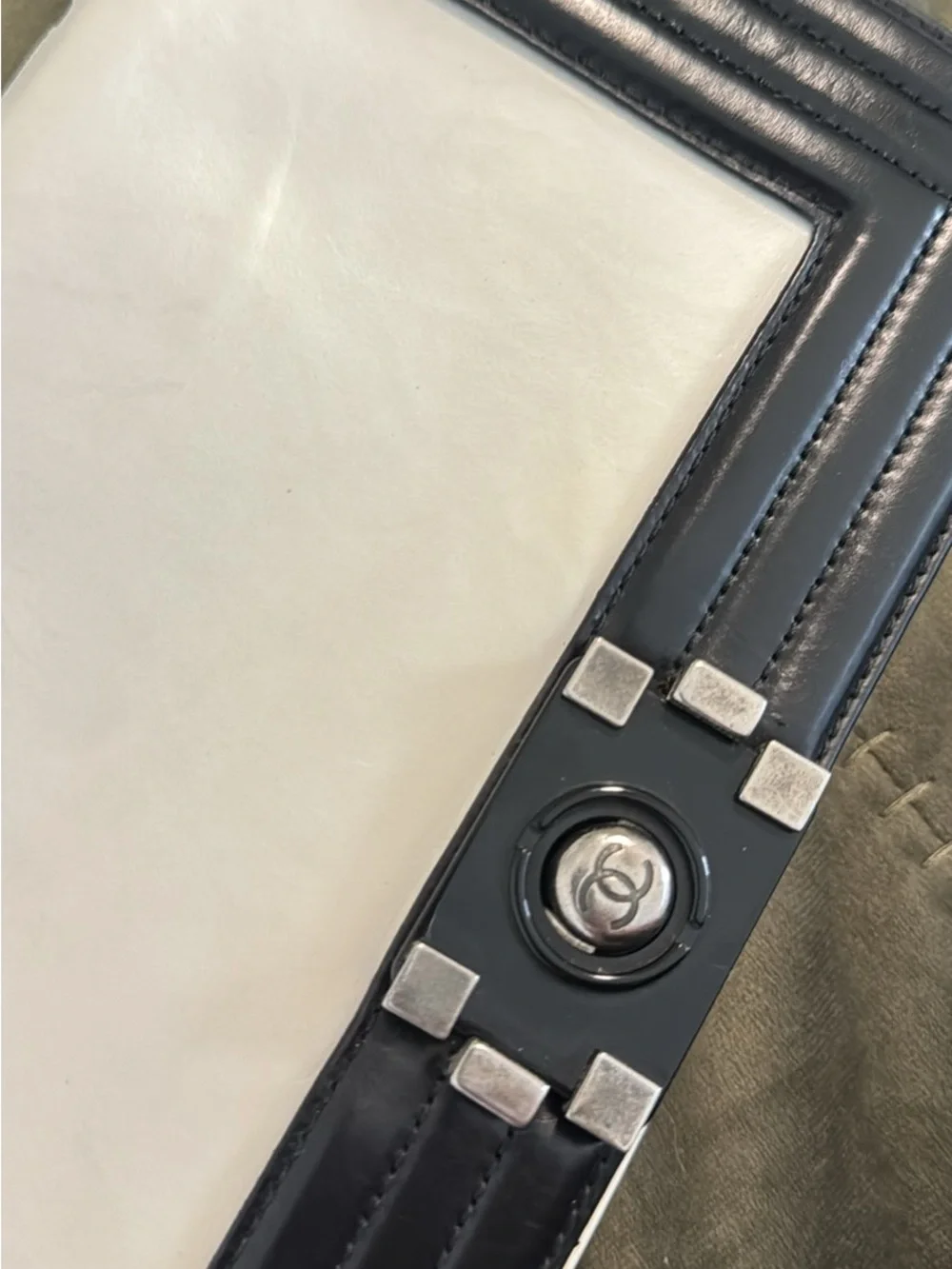 CHANEL Black and White Leather Chain Le Boy Bag